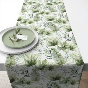 TABLE RUNNER (Cotton) - Jungle Leaves WHITE
