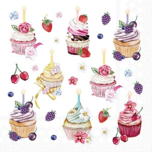 Cocktail Napkin - Fruity Cupcakes WHITE