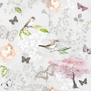 Lunch Napkin - Birds And Butterflies GREY