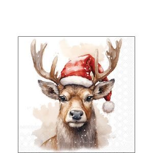 Cocktail Napkin - Deer With Santa Hat WHITE