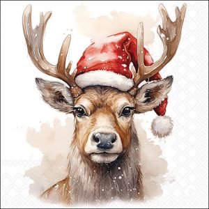 Lunch Napkin - Deer With Santa Hat WHITE