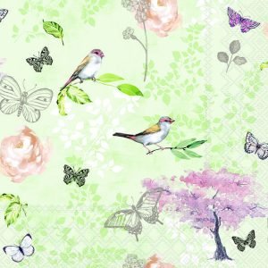 Lunch Napkin - Birds And Butterflies GREEN