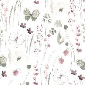 Lunch Napkin - Delicate Flowers With Butterflies Burgundy